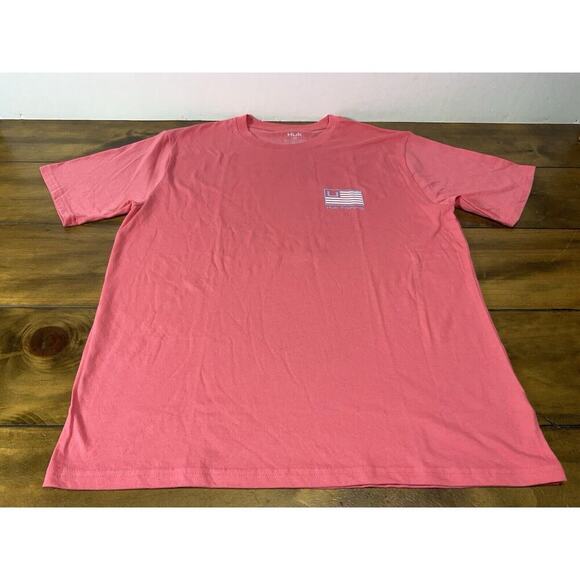 HUK Fishing T-Shirt Ocean Coral USA Flag ss Crewneck Relaxed Fit Mens Medium - Picture 1 of 8
